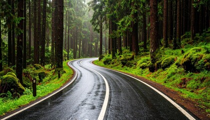 Serene Curved Forest Path After Rain Wet Surface Reflecting Light Surrounded by Mossy Trees and Natural Beauty