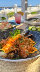 Pasta spaghetti with shrimps and sauce