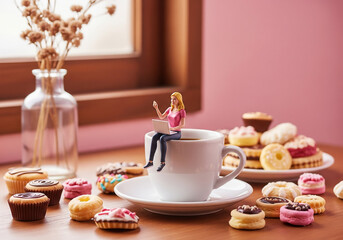 Miniature figure businessman sitting on a coffee cup and dessert