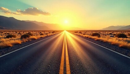 Sun-Drenched Asphalt Ribbon A Journey Towards the Hazy Horizon.  Embrace the open road, summer adventure, and the freedom of exploring unknown destinations on a scenic road trip.