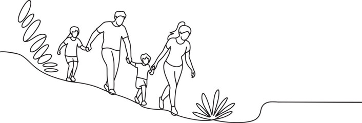 Obraz premium Family of Four in Continuous Line Art Style Walking Down a Hill Together Enjoying Nature