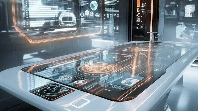 Futuristic interactive table displaying holographic data in a high-tech room