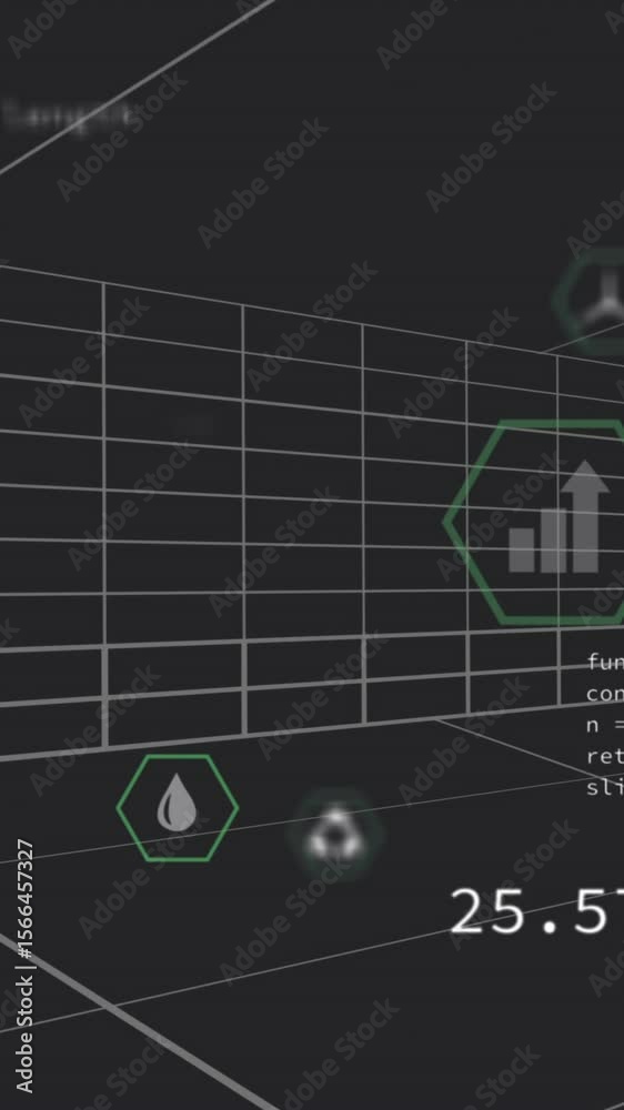 Poster animation of digital interface with code snippets and hexagonal icons in 3d space
