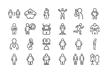 People Body Types and Weight Categories Line Icon Set. BMI, Fitness, Health, Weight Loss, Pregnancy, Obesity, and More. Vector Illustration. Editable Stroke.
