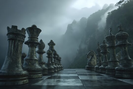 Mysterious chess game set against majestic mountainous backdrop