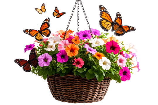 Hanging Basket of Multicolored Petunias with Floating Butterflies, Summer Garden Vibe, Isolated on Transparent Background