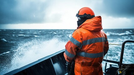 Maritime worker battling stormy seas ocean action photography dramatic weather side view resilience and safety