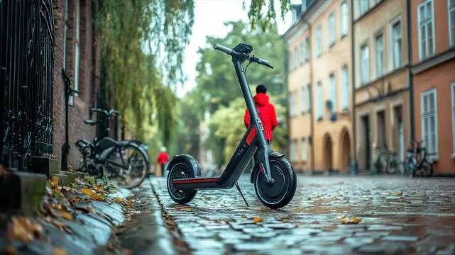 Rainy day urban scene with electric scooter