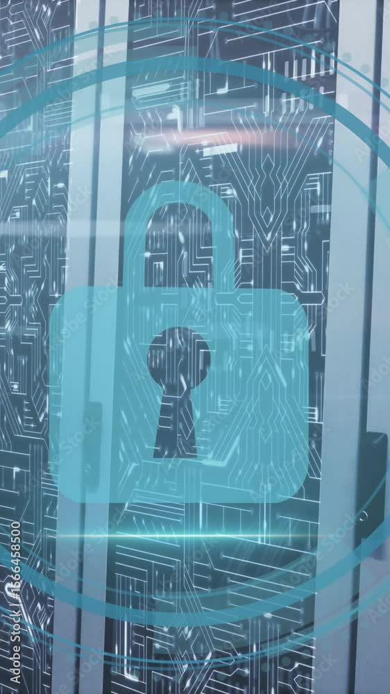 Poster digital lock animation over futuristic server room with circuit patterns