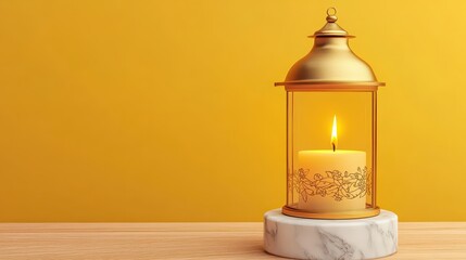 Elegant Lantern with Candle on Marble Base Against Yellow Background
