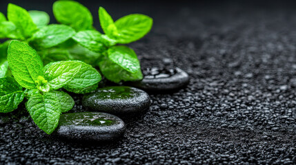 Fresh Green Mint Leaves And Wet Black Stones