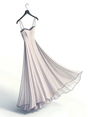 Obraz premium Light cream maxi dress with thin straps and wavy hem hanging on black hanger against neutral wall, highlighting graceful silhouette and airy pleats