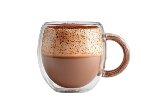 PNG Clear double-walled glass mug with frothy cocoa on black background