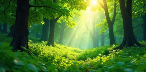 Obraz premium Serene Sunlight Filtering Through Lush Green Forest Perfect for Meditation and Relaxation