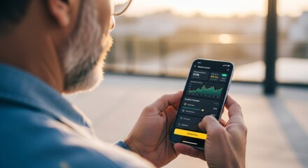Man using cryptocurrency trading app on his phone outdoors
