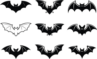 Collection of nine black bat silhouettes in various flying poses and styles