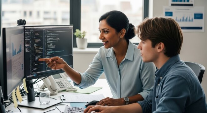 Professional woman mentoring a young colleague using dual monitors in a collaborative office environment.