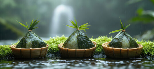 Three boats with green leaves on top are floating on a river