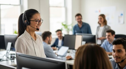 Fototapeta premium Businesswoman talking with her team while working at a computer in a modern, bright office.