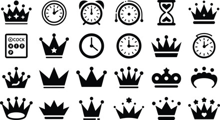 Collection of black and white icons featuring crowns clocks and an hourglass