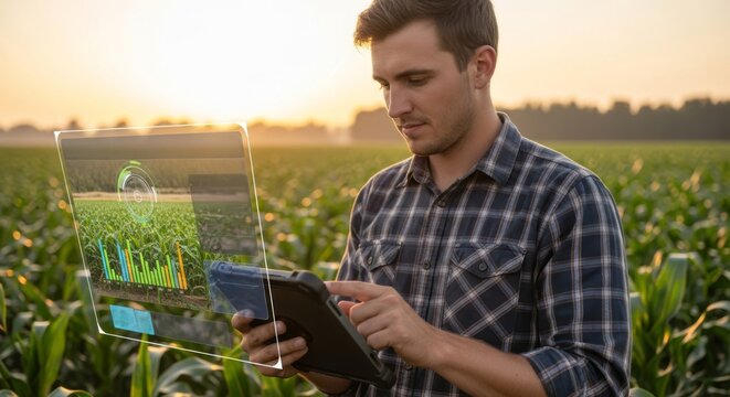 Agricultural professional using a digital tablet to analyze crop data in a green field.