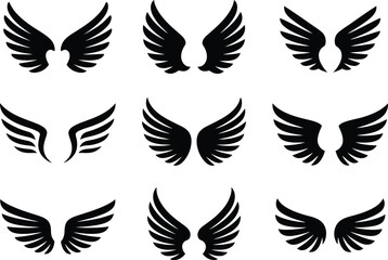Collection of nine distinct black wing silhouettes on a white background