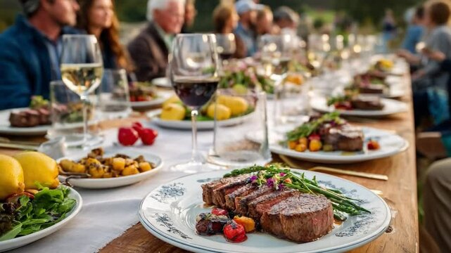 Festive Feast: A long table laden with steak, salad, appetizers, and drinks sets the stage for a gathering of individuals dining outdoors.