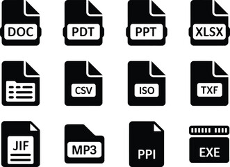 Collection of black and white icons representing various file formats