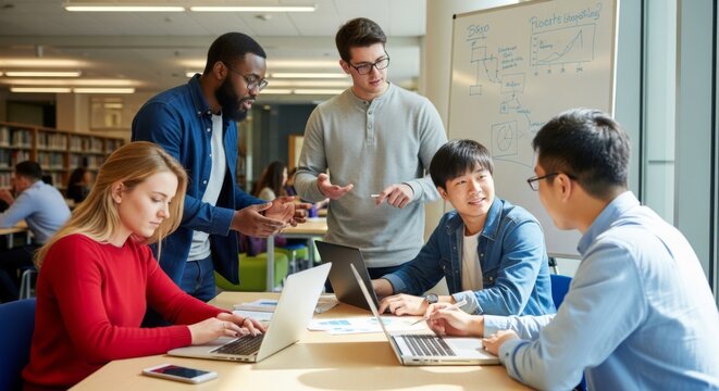 Business professionals engaged in a vibrant brainstorming session around laptops and whiteboards.
