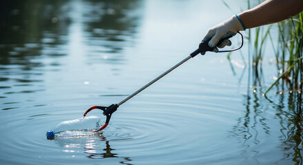 Volunteer Cleaning Up Plastic Bottle from Lake Water: Keep America Beautiful Week Initiative