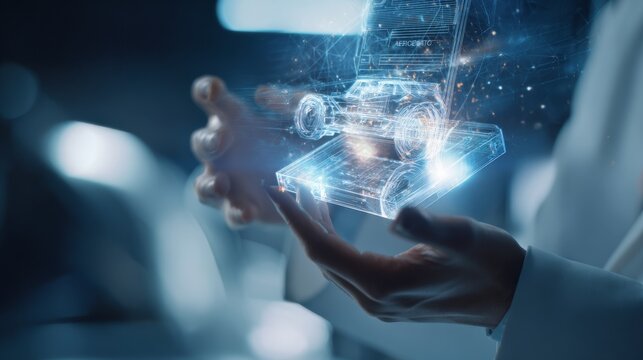 Pair of hands in white garment gently cradling glowing holographic wire-frame vehicle with intricate details, surrounded by faint glowing lines and points of light in a dark, out-of-focus background.