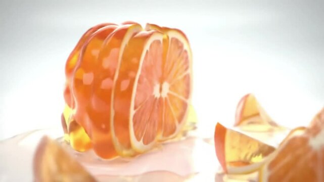 A vibrant orange jelly, molded like a pumpkin, is smoothly sliced in half with a sharp knife on a white surface. The cut is clean and deeply satisfying, with soft jelly movement and glossy highlights.