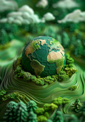 The Earth model is surrounded by trees. Green environmental protection theme