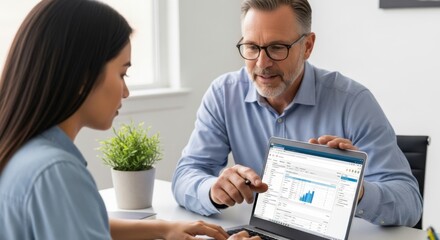 Mature business coach mentoring a young professional on digital data analysis.