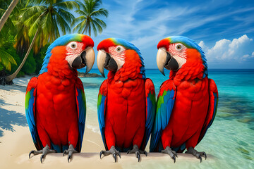 Colorful macaws on a tropical beach with palm trees and clear blue water during a sunny day Generative AI