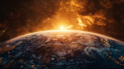 Fototapeta premium Aerial view of the Earth welcoming the sunrise