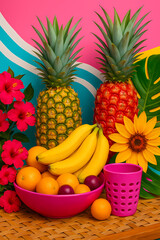 Colorful tropical fruit arrangement with vibrant flowers and playful background in a summer setting Generative AI