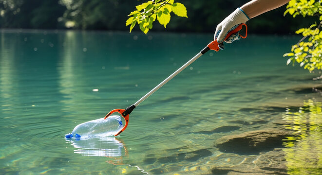 Volunteer cleaning plastic bottle from lake during Keep America Beautiful Week. Environmental stewardship.