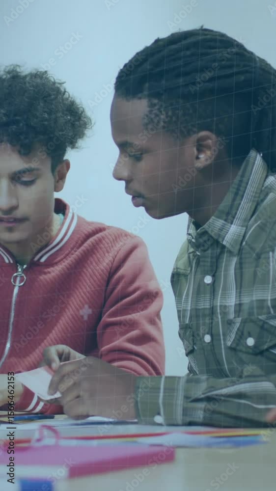 Poster collaborating on project, diverse students in school with coding animation overlay