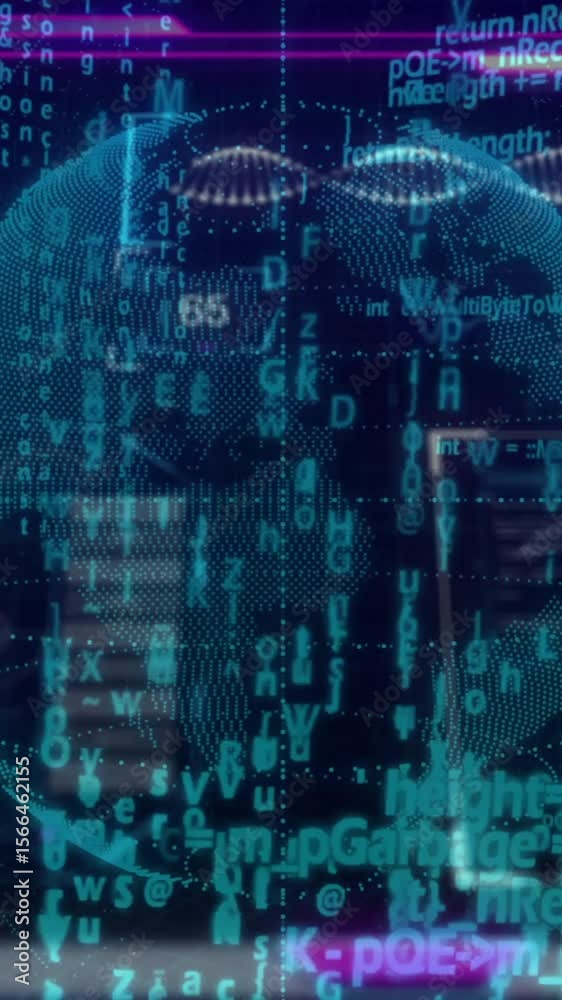 Poster binary code and data processing animation on digital globe over abstract background