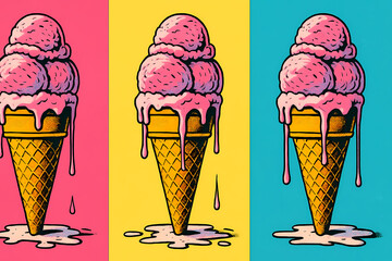 Colorful ice cream cones with melting scoops against vibrant backgrounds create a playful summer vibe in this artistic composition Generative AI
