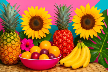 Colorful arrangement of tropical fruits and sunflowers against a vibrant background at a summer gathering Generative AI