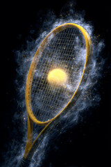 Tennis racket and ball colliding mid swing looks intensely energetic