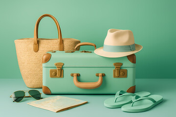 Vacation essentials arranged on a pastel green background with suitcase, hat, bag, sandals, and map for summer travel ideas Generative AI