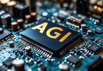 Close-up of a computer chip with the letters AGI on it