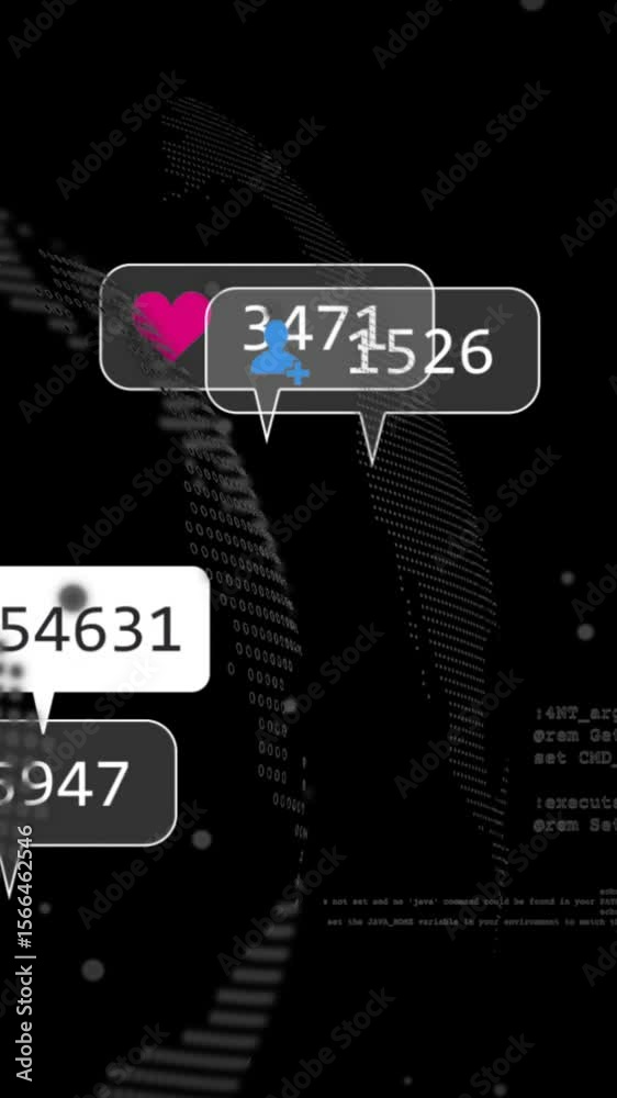 Poster animation of digital icons floating over globe with binary code in school