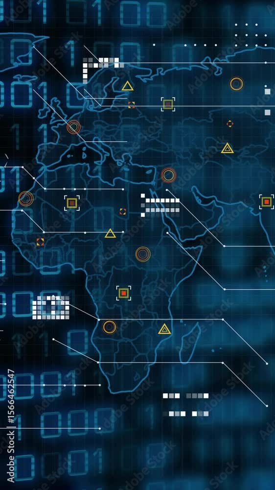 Poster animation showing world map with digital data and network connections in school