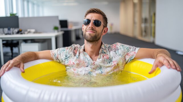 Man in sunglasses relaxes in inflatable pool at the office, enjoying a break from work in a playful setting.