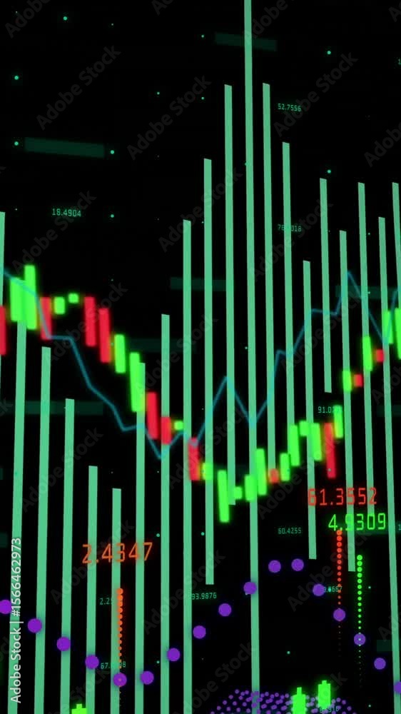 Poster animation of fluctuating graphs and numerical indicators visualizing financial data