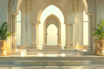 Fototapeta premium Ornate moorish architecture with golden accents and marble floors creates a majestic atmosphere in a palace interior